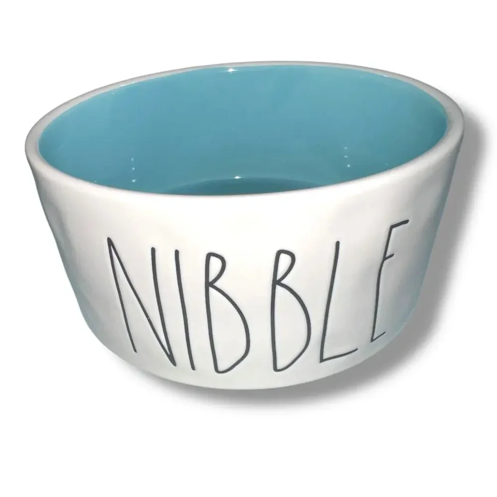 Rae Dunn Pet Dog Cat Dishes Food Bowls Nibble Devour Ceramic White Black Blue